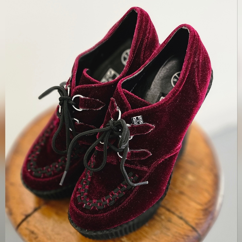 TUKS burgundy velour wedge creepers, size 37UK, size 6 US.